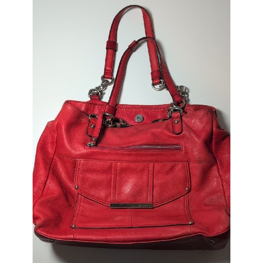 B. Makowsky Red Leather Shoulder Tote with Chain-Detail Straps